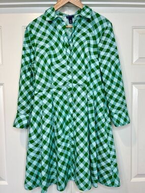 Scoop Green Wavy Gingham Shirt Dress Button Front Fit & Flare L | Preppy Summer
